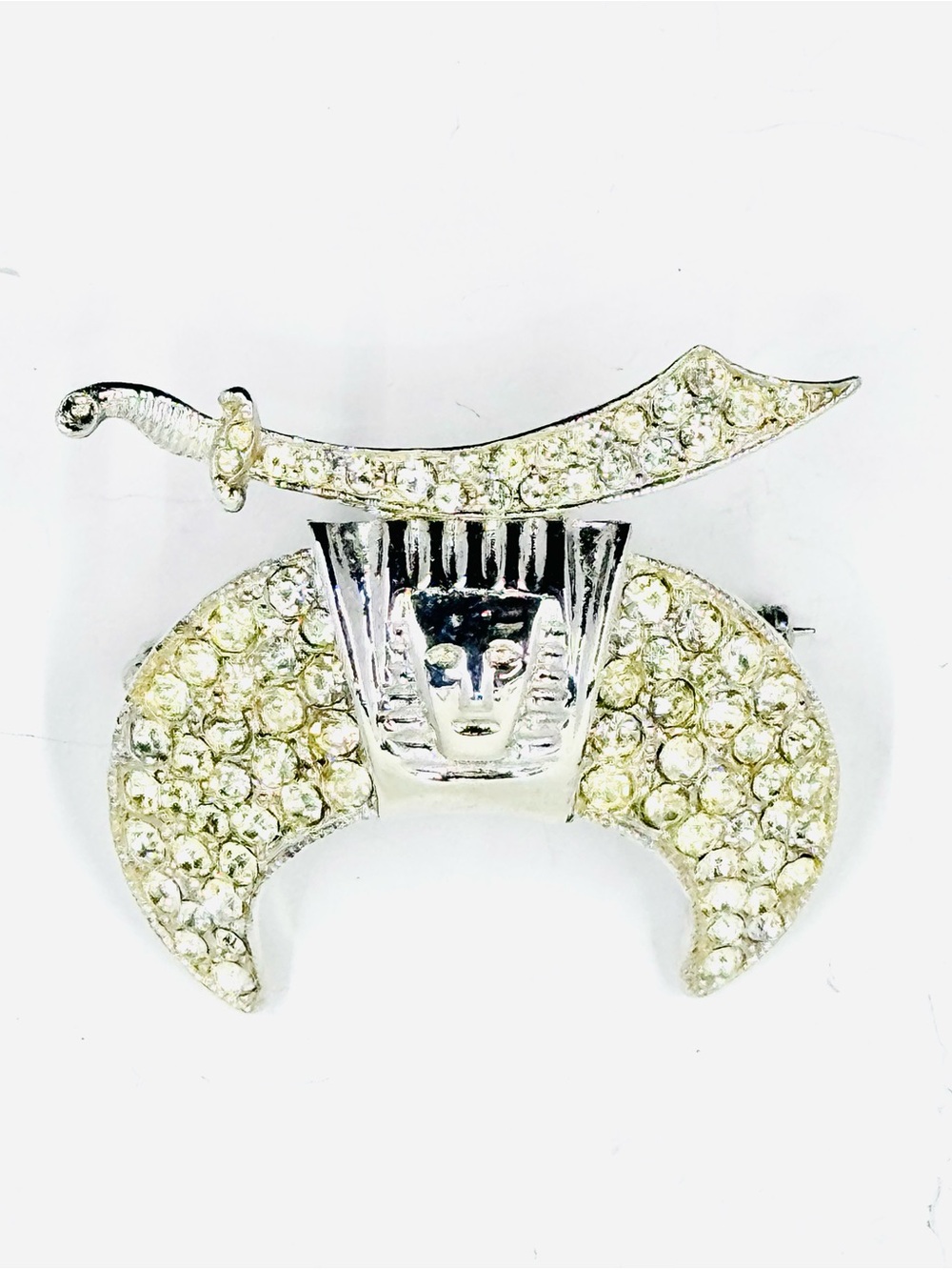 Vintage Silver-Tone Men’s Masonic Shriners Rhinestone Brooch Pin